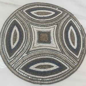 Hand Beaded Placemat Table Charger Blue Silver White Design 15” round